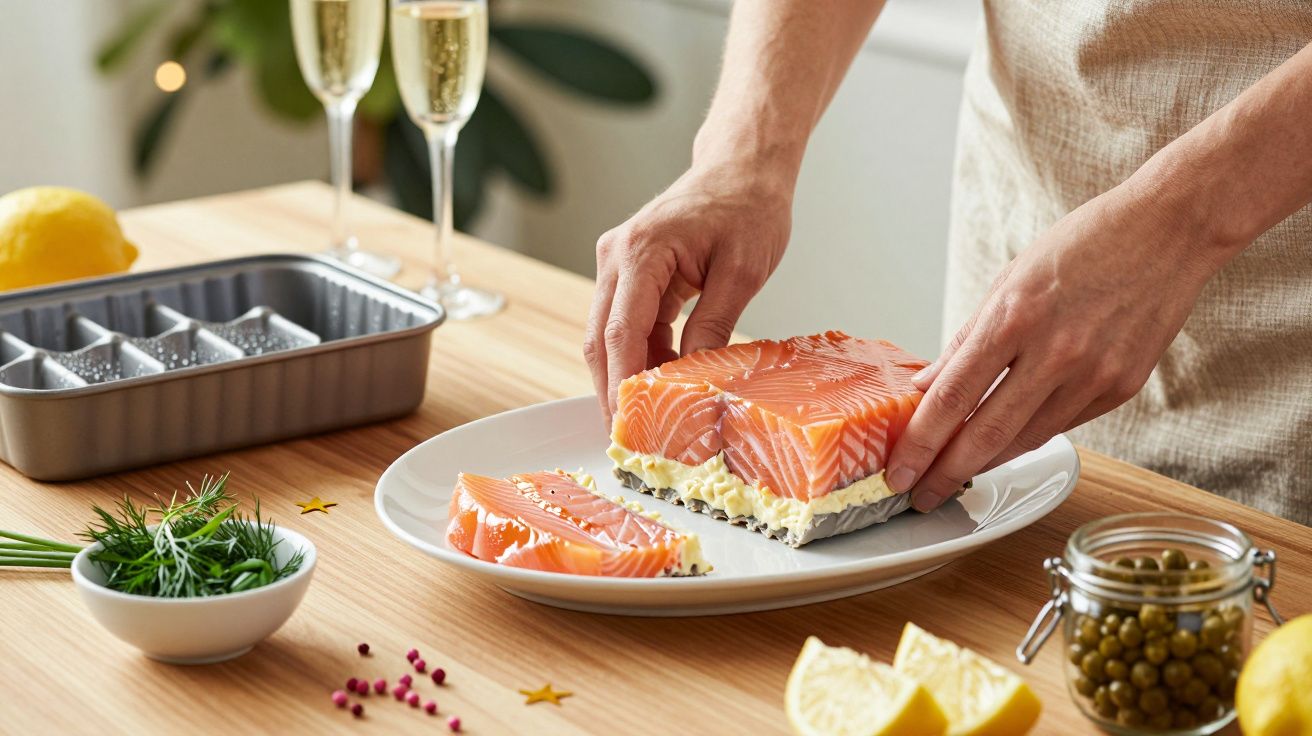 Person preparing sliced salmon on a white plate, with dill, lemon, and capers visible on a wooden table.
