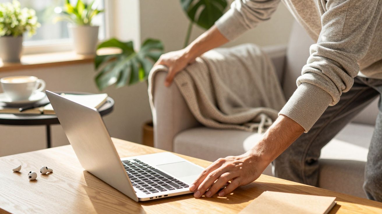 Person reaching for laptop on coffee table near sofa, with a cup, earphones, and indoor plants nearby in a sunlit room.