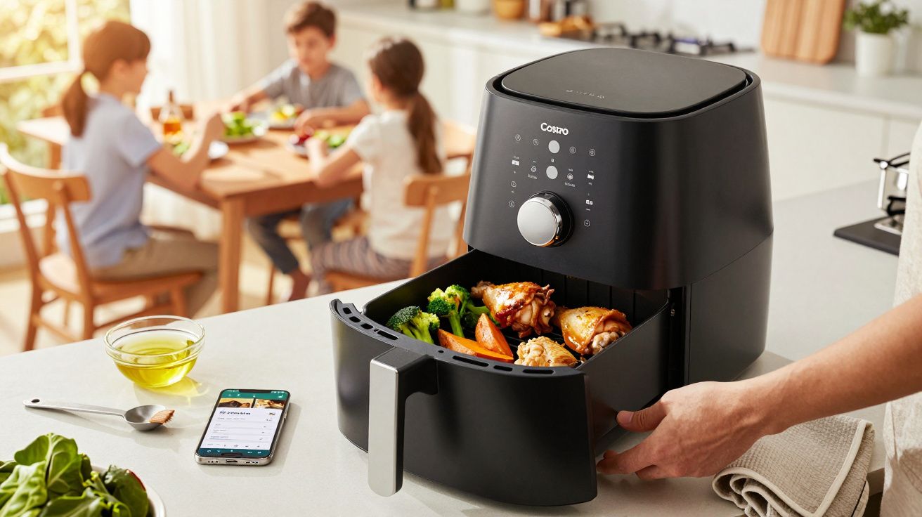 Person using an air fryer with vegetables and chicken, smartphone nearby, two children seated at a dining table in the backgr