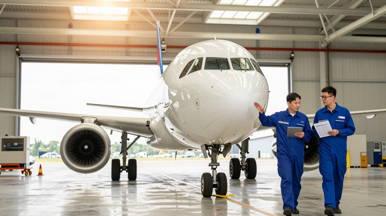 Two engineers in blue coveralls inspect a parked aircraft in a hangar.