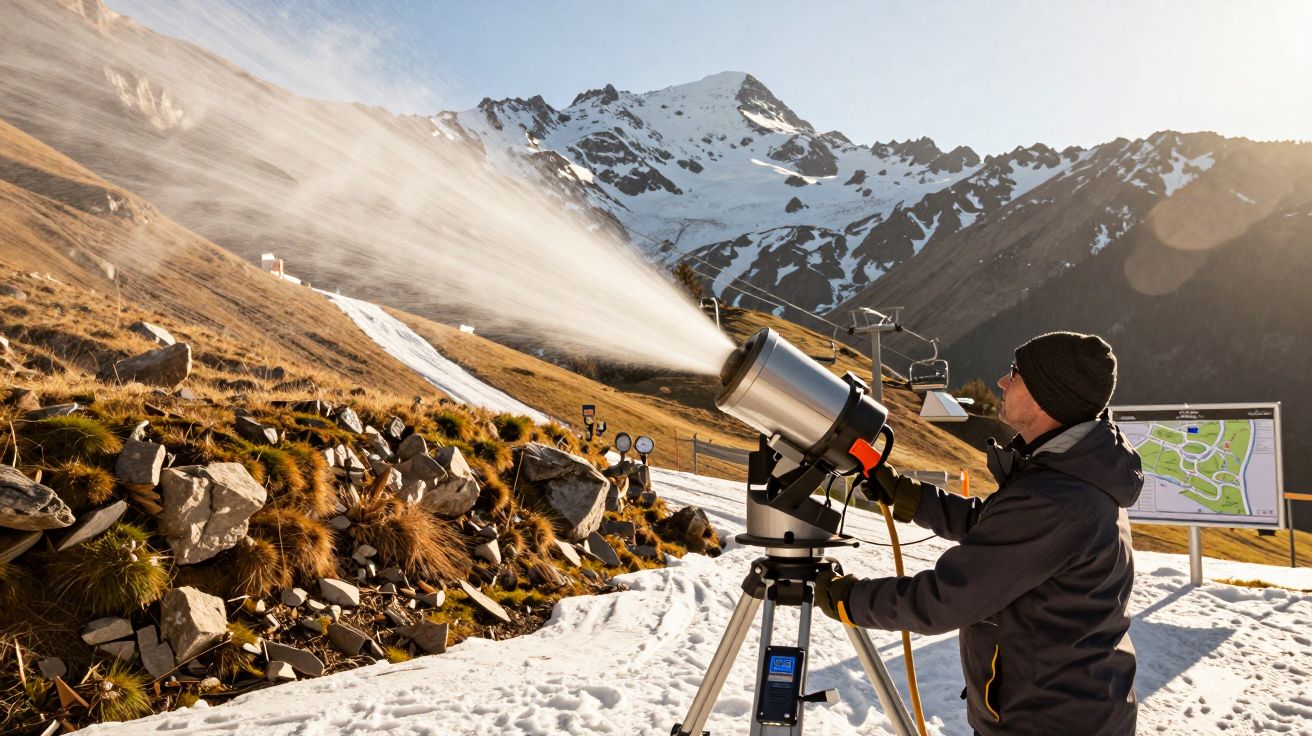 Person operating a snow machine on a mountain slope with snowy peaks in the background.