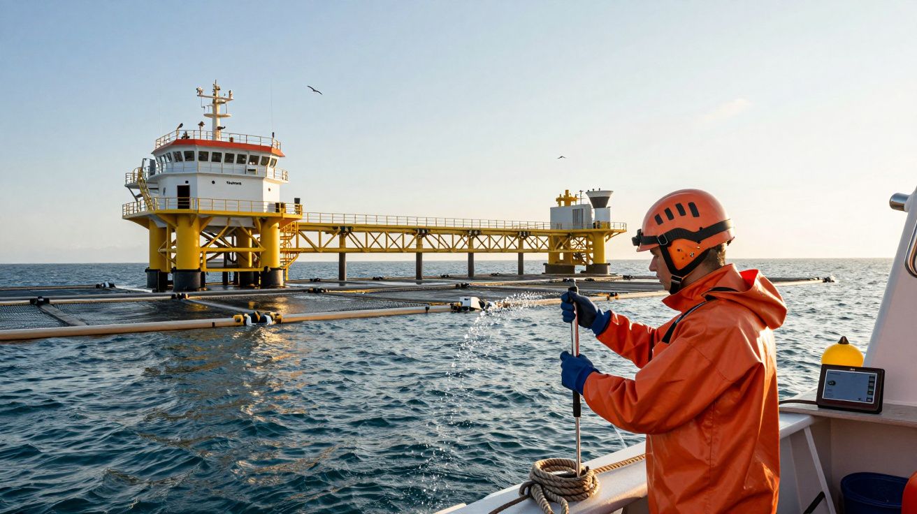 Worker in orange gear on a boat near offshore platform under a clear sky.