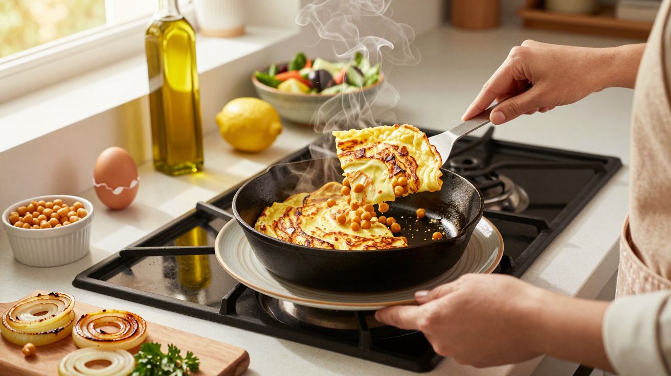 Person cooking a chickpea and onion omelette in a sizzling pan on a kitchen hob, with fresh ingredients on the counter.