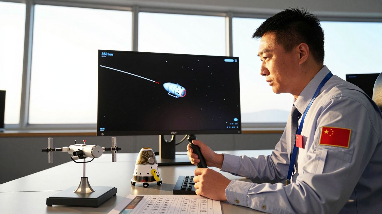 A man in a workplace monitors a spacecraft simulation on a computer, with space models on the desk.