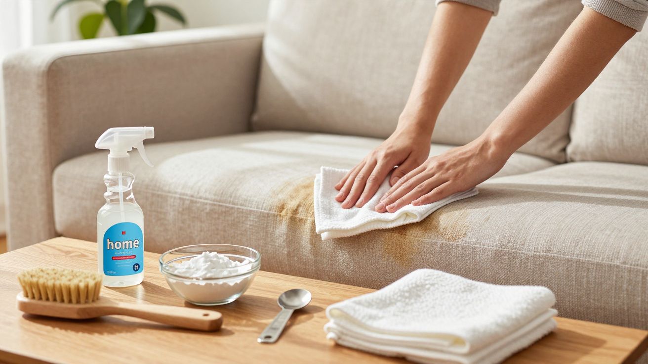 Person cleaning a sofa stain with a spray bottle and cloth, items like a brush and bowl on the table nearby.