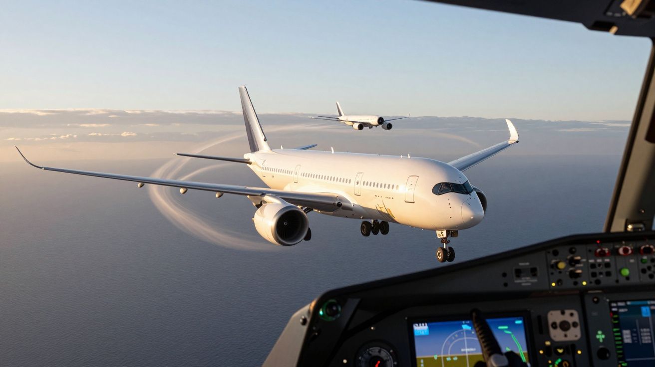 Two passenger planes flying in formation over the ocean, viewed from a cockpit with visible flight instruments.