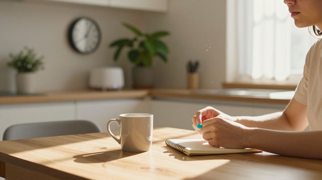 Person sitting at sunlit kitchen table with a mug and notebook, background includes a clock and plant.