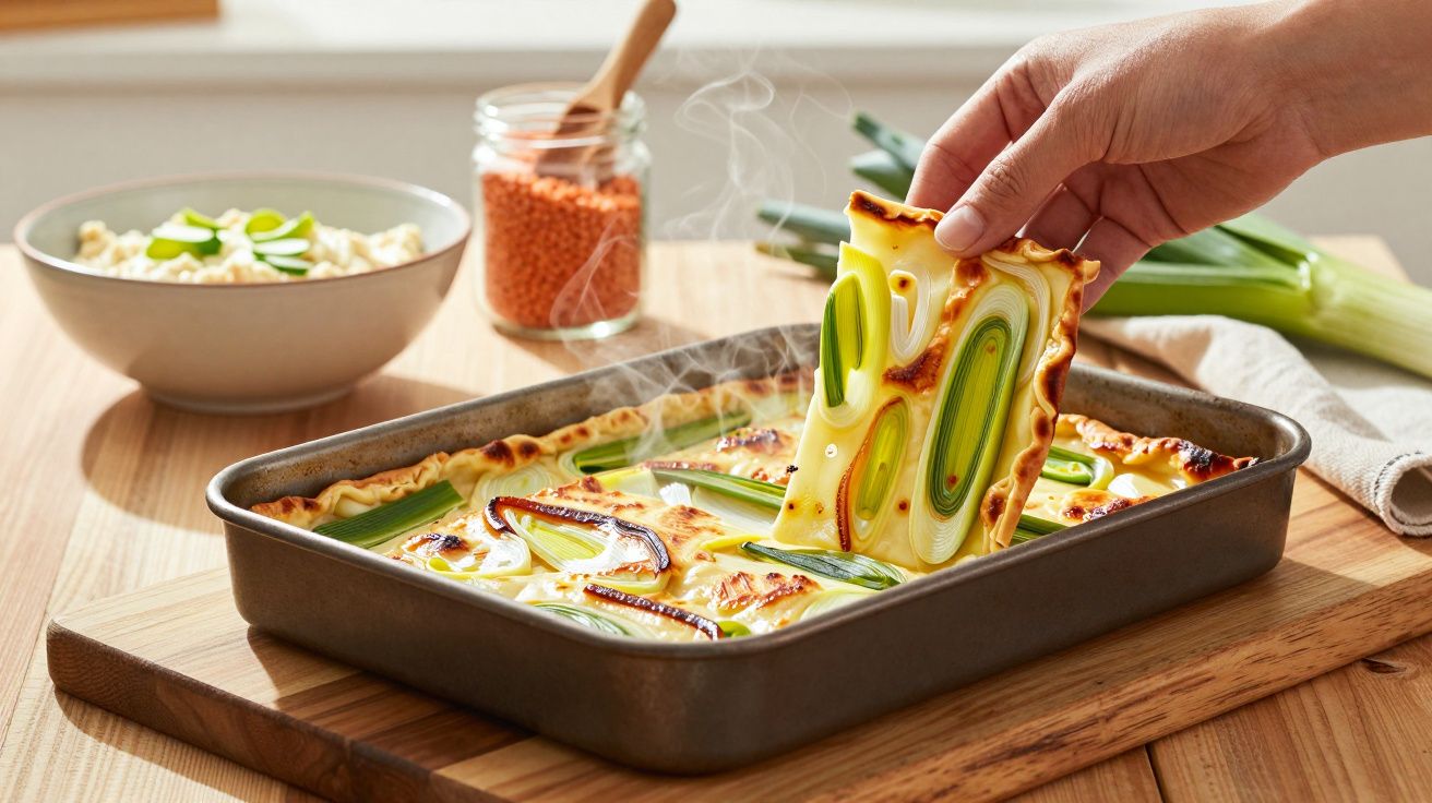 A hand serving a slice of vegetable lasagna from a steaming tray on a wooden table with ingredients in the background.