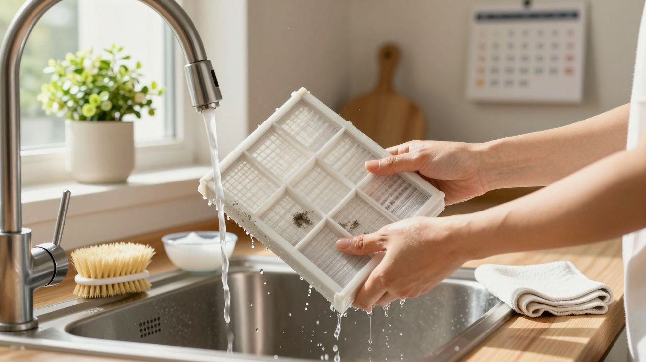 Person rinsing a filter under running tap in a kitchen sink with a plant and cleaning items nearby.