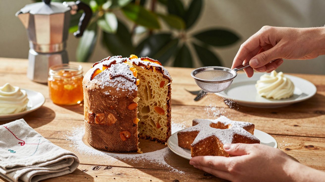 Sifting sugar over star-shaped cake beside sliced panettone on wooden table with cream and jam.