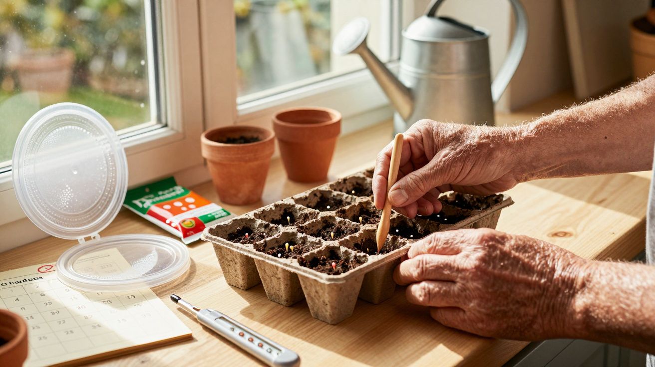 Person planting seeds in a biodegradable tray on a wooden table, with a thermometer, calendar, and watering can nearby.