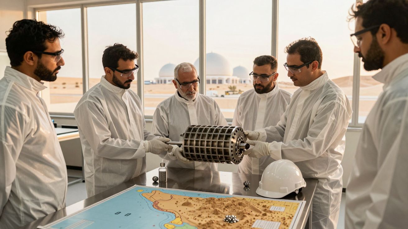Six scientists in lab coats examine a cylindrical object near a map, with a desert landscape visible through the window.