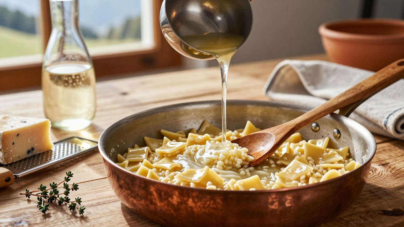 Copper pan on wooden table with pasta, hot broth poured from a ladle, wooden spoon, cheese, herbs, and bottle in background.