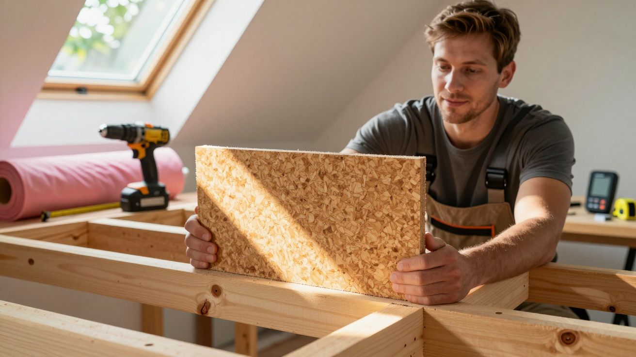 Man aligning a wood board on a wooden framework in a sunlit room with tools nearby.