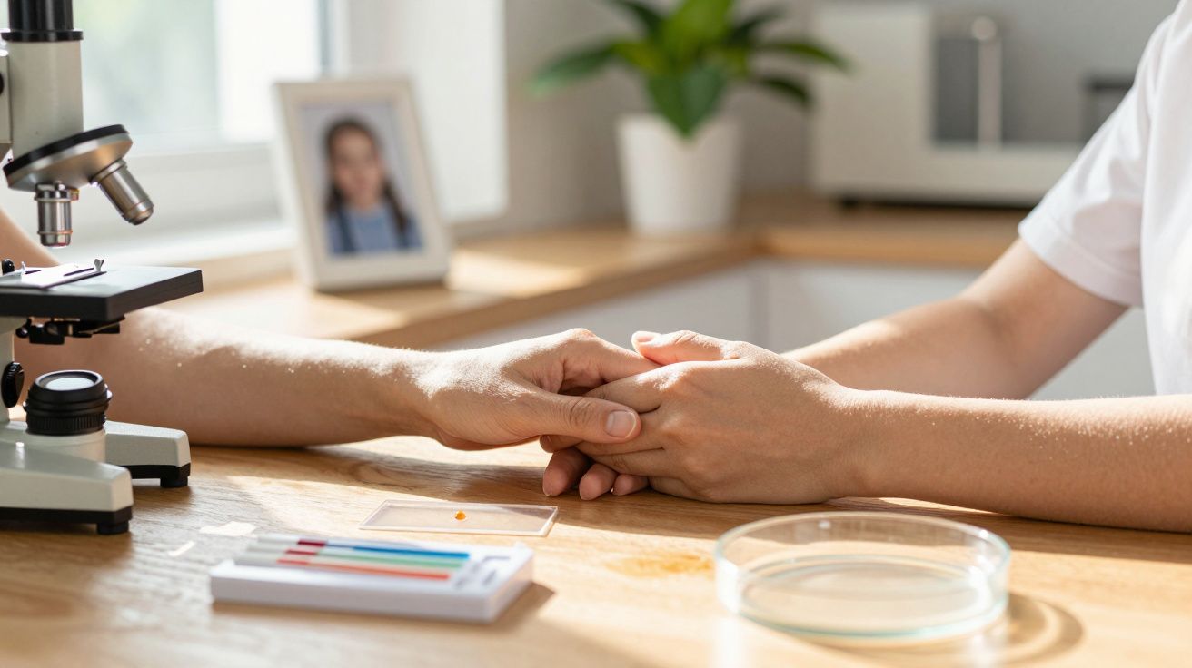 Two people holding hands at a desk with a microscope and laboratory equipment nearby.