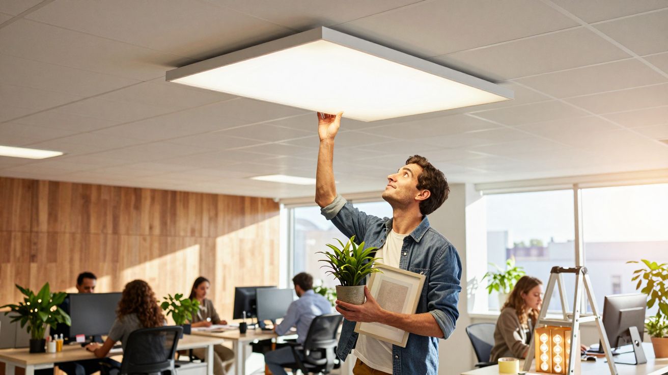 Man adjusting office ceiling light while holding a plant, with colleagues working at desks in the background.