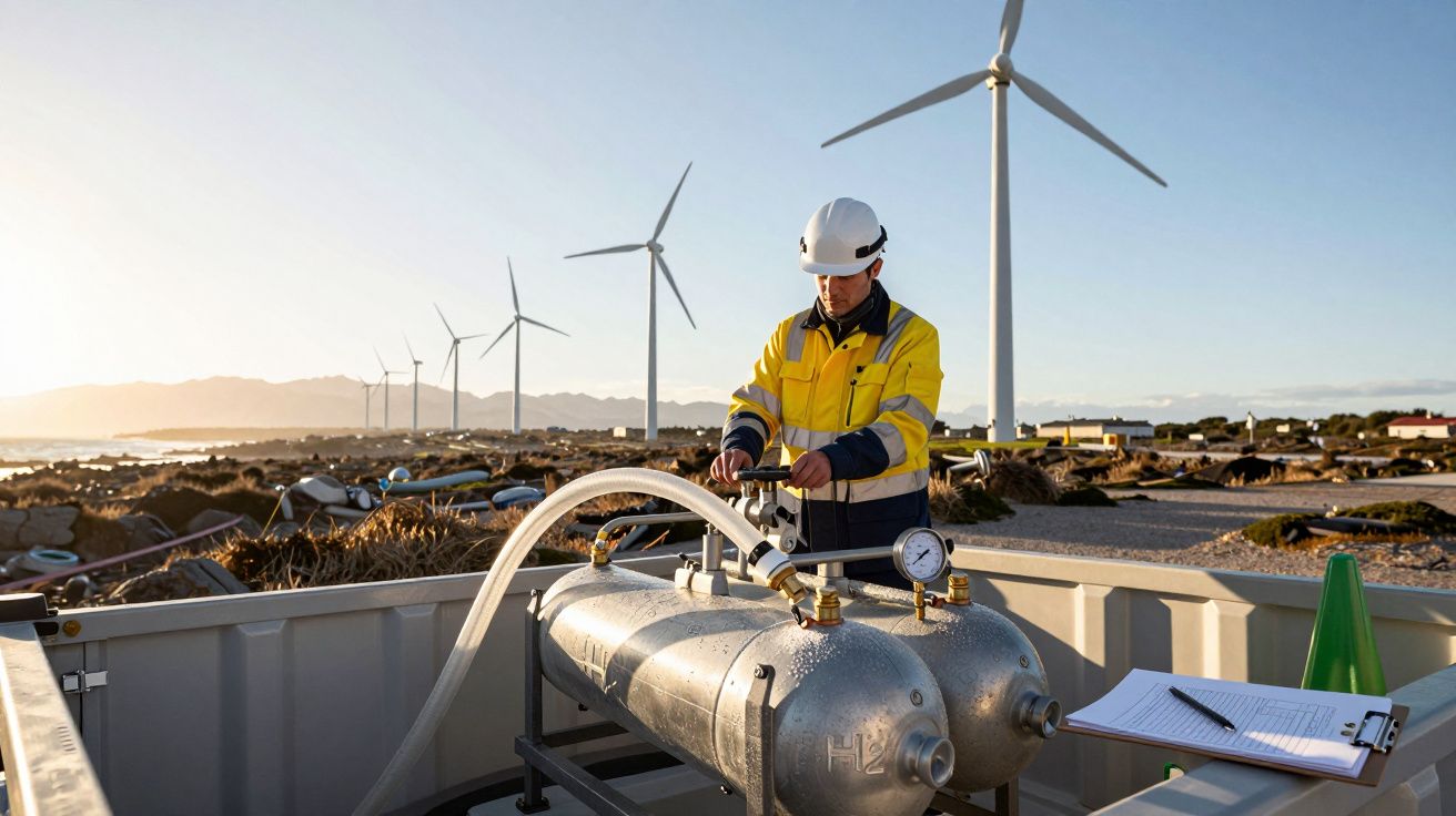 Engineer monitors hydrogen tank in a wind farm with turbines in the background under a clear sky.