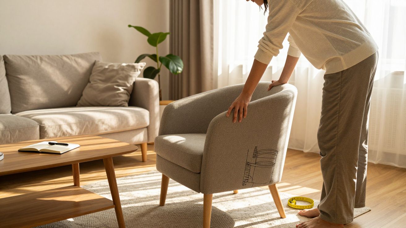 Person adjusting a grey armchair in a sunlit living room with a sofa, coffee table, and plant.