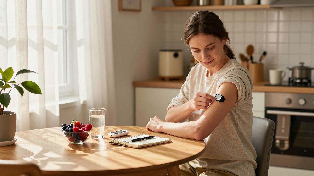 A woman checks her blood sugar with a device on her arm, seated at a kitchen table with fruit and a notepad.