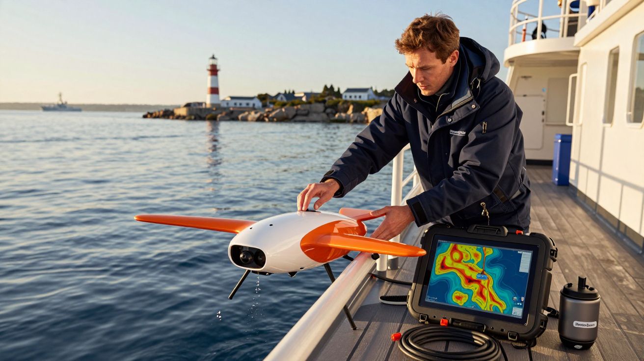 Man on boat handling drone, with scenic lighthouse view and tablet showing topographic map.