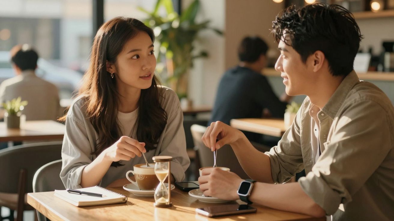 A man and woman talking over coffee at a café table with a notebook and hourglass, indoor plants in the background.