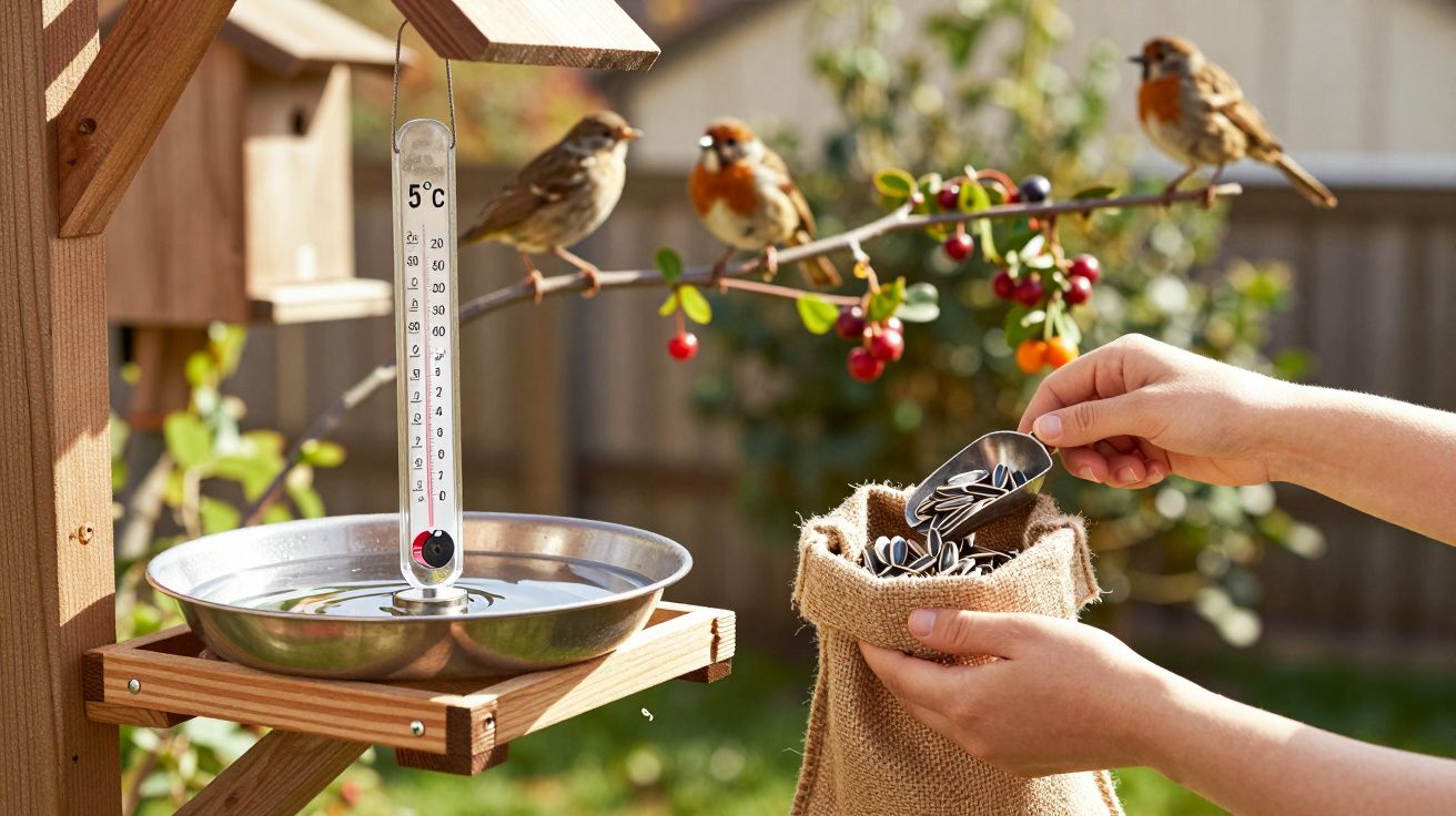 Hand filling feeder with seeds, three birds perched nearby, thermometer showing 5°C beside a small fountain.