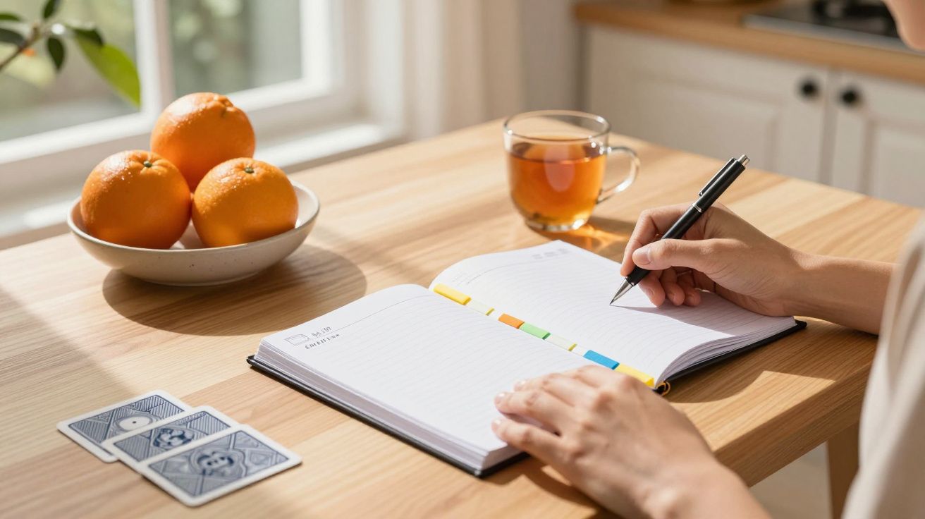Person writing in a notebook at a table with a cup of tea, a bowl of oranges, and tarot cards in sunlight.