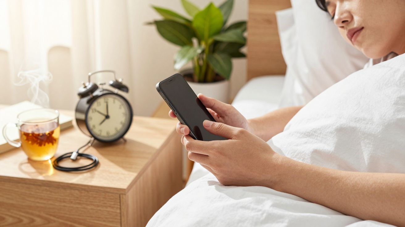 Person in bed using a smartphone next to a wooden bedside table with a black alarm clock and a steaming cup of tea.