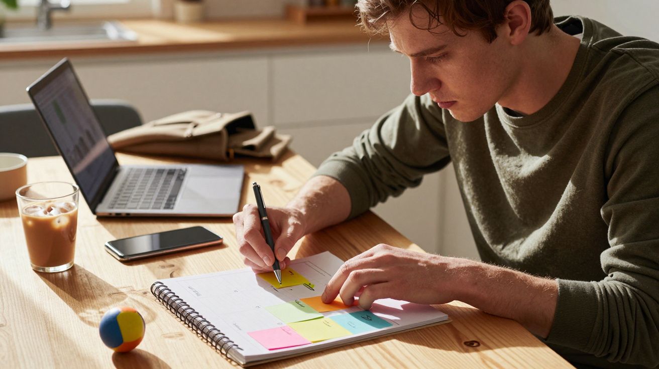 Man at table planning with sticky notes, next to a laptop and iced coffee.