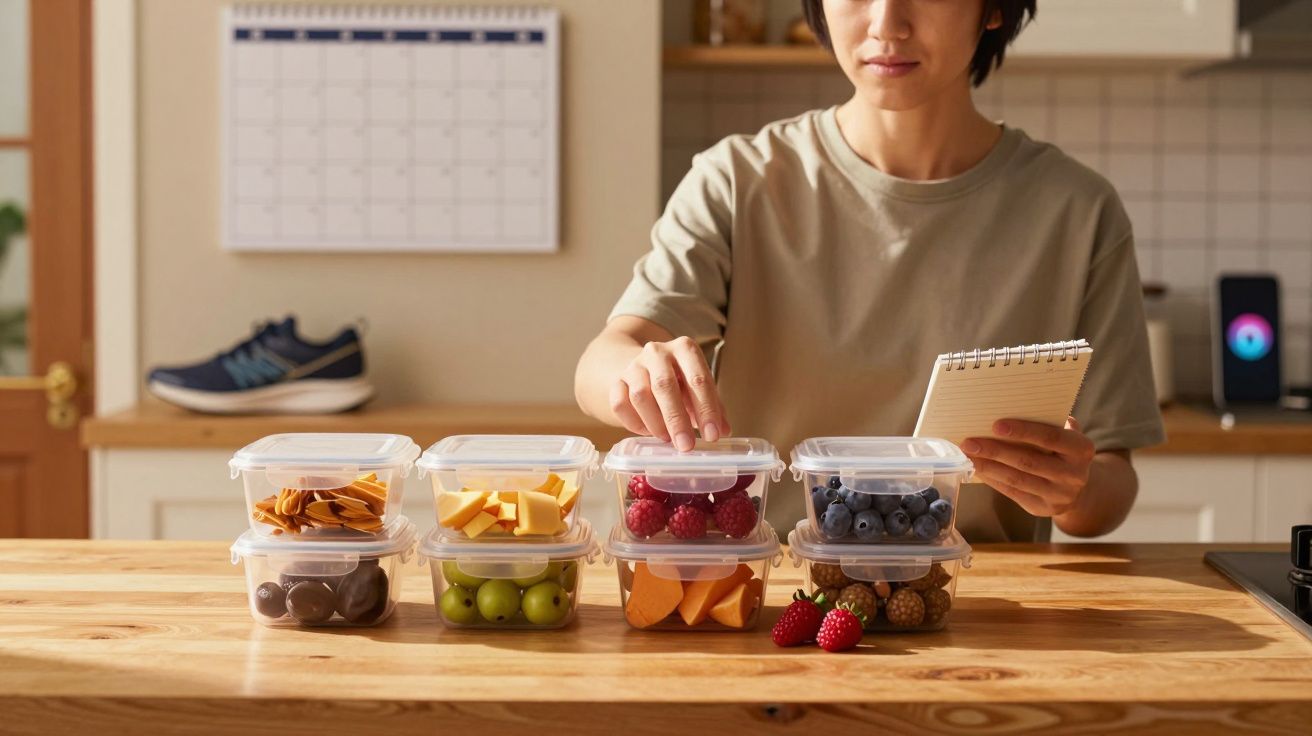 Person organising fruit containers on a wooden counter, holding a notepad in a kitchen with a calendar in the background.