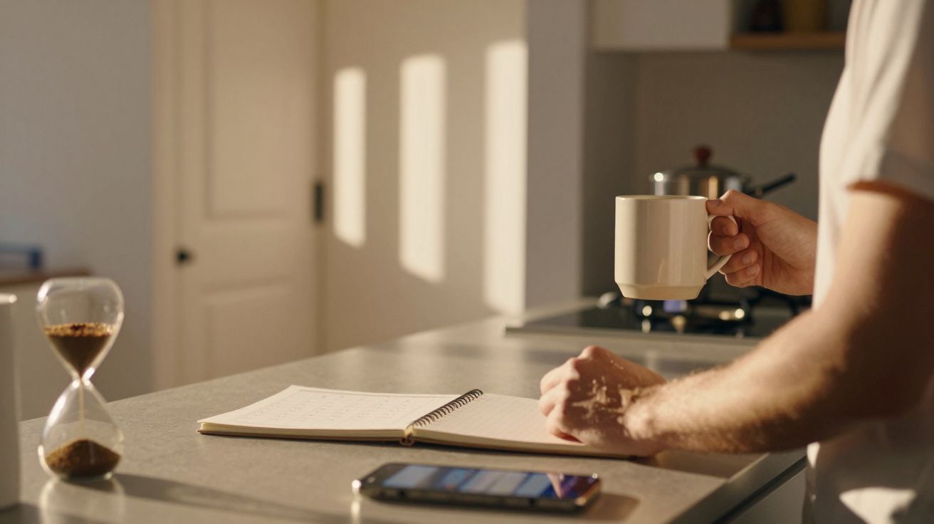 Person holding a mug near an open notebook and hourglass on kitchen counter, smartphone nearby, in warm sunlight.