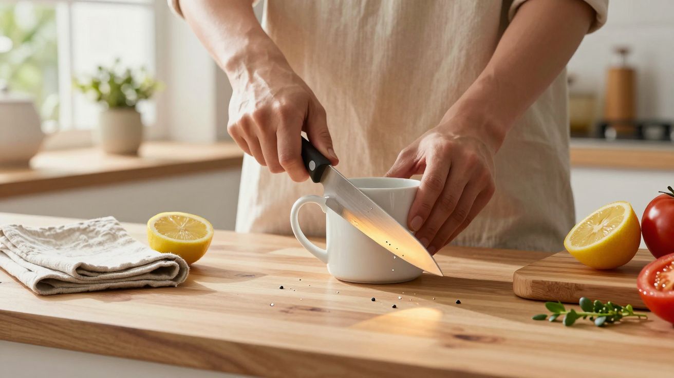 Person holding a knife over a white mug on a wooden kitchen counter with lemons, tomatoes, herbs, and a towel nearby.