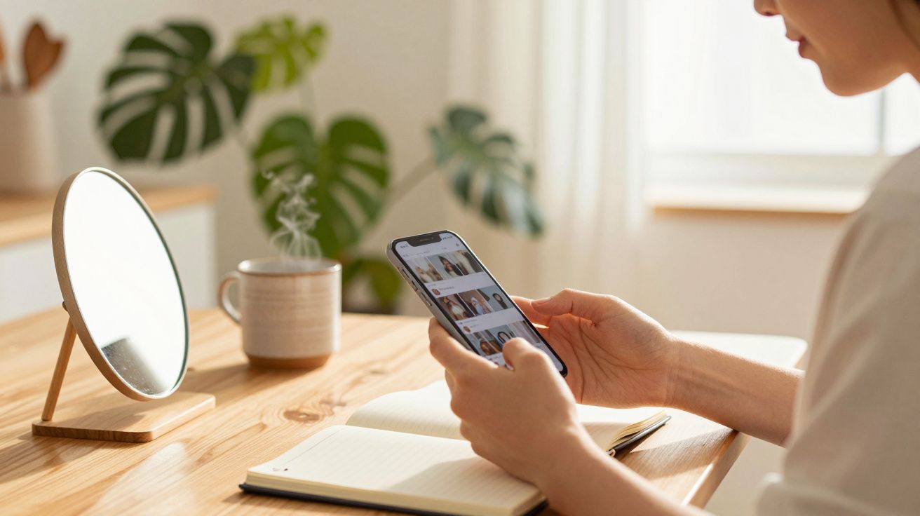 Person browsing phone at wooden desk with notepad, mirror, and plants in background.