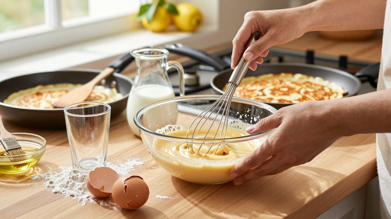 Person whisking pancake batter in a bowl on a wooden counter with ingredients and cooking pancakes in a pan nearby.