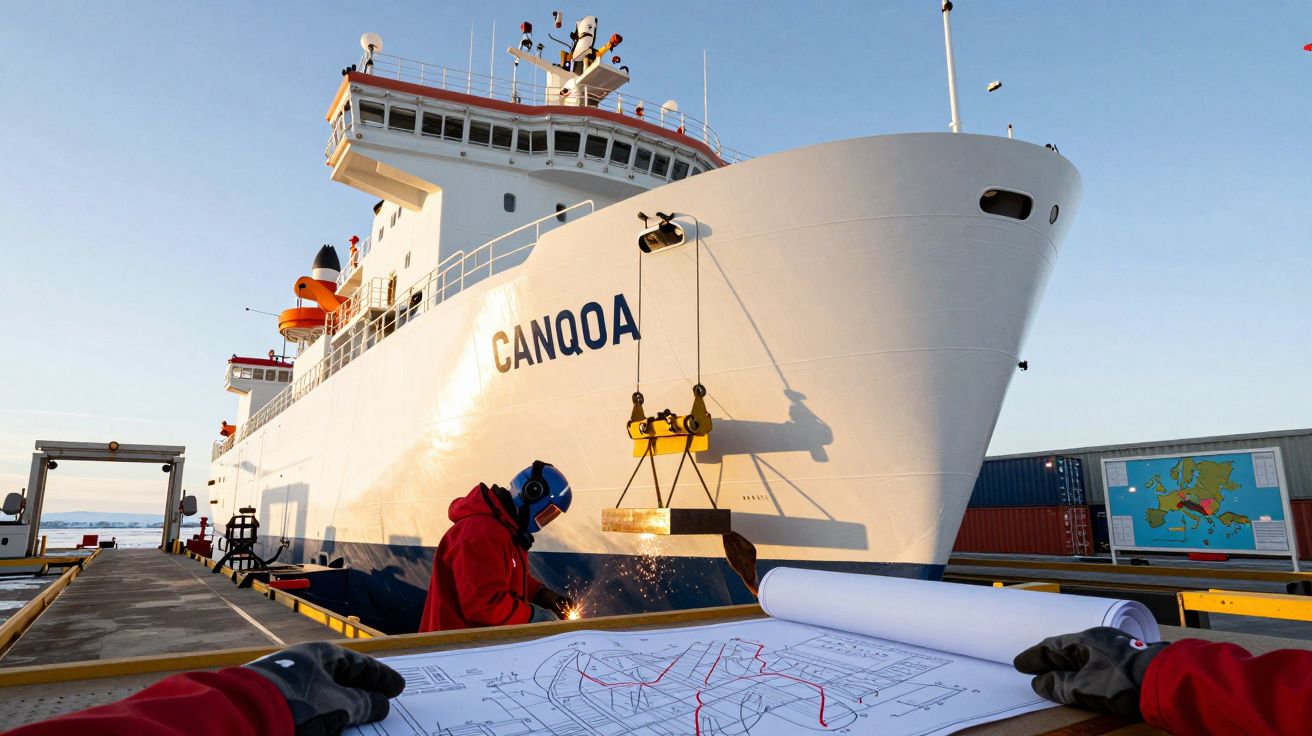 Workers handling cargo near large ship named Canqoa, with blueprints on table, under a clear sky at a port.