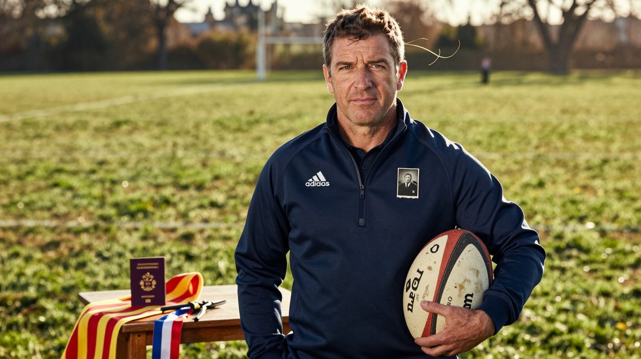 Man in sports attire holding rugby ball, standing on grassy field, medals and passport on nearby table.