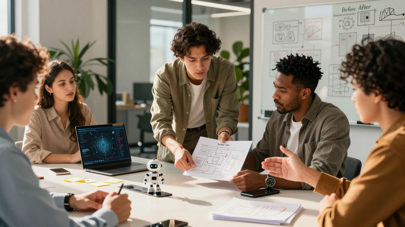Team discussing project around table with laptop and small robot, leader pointing at printed plans.