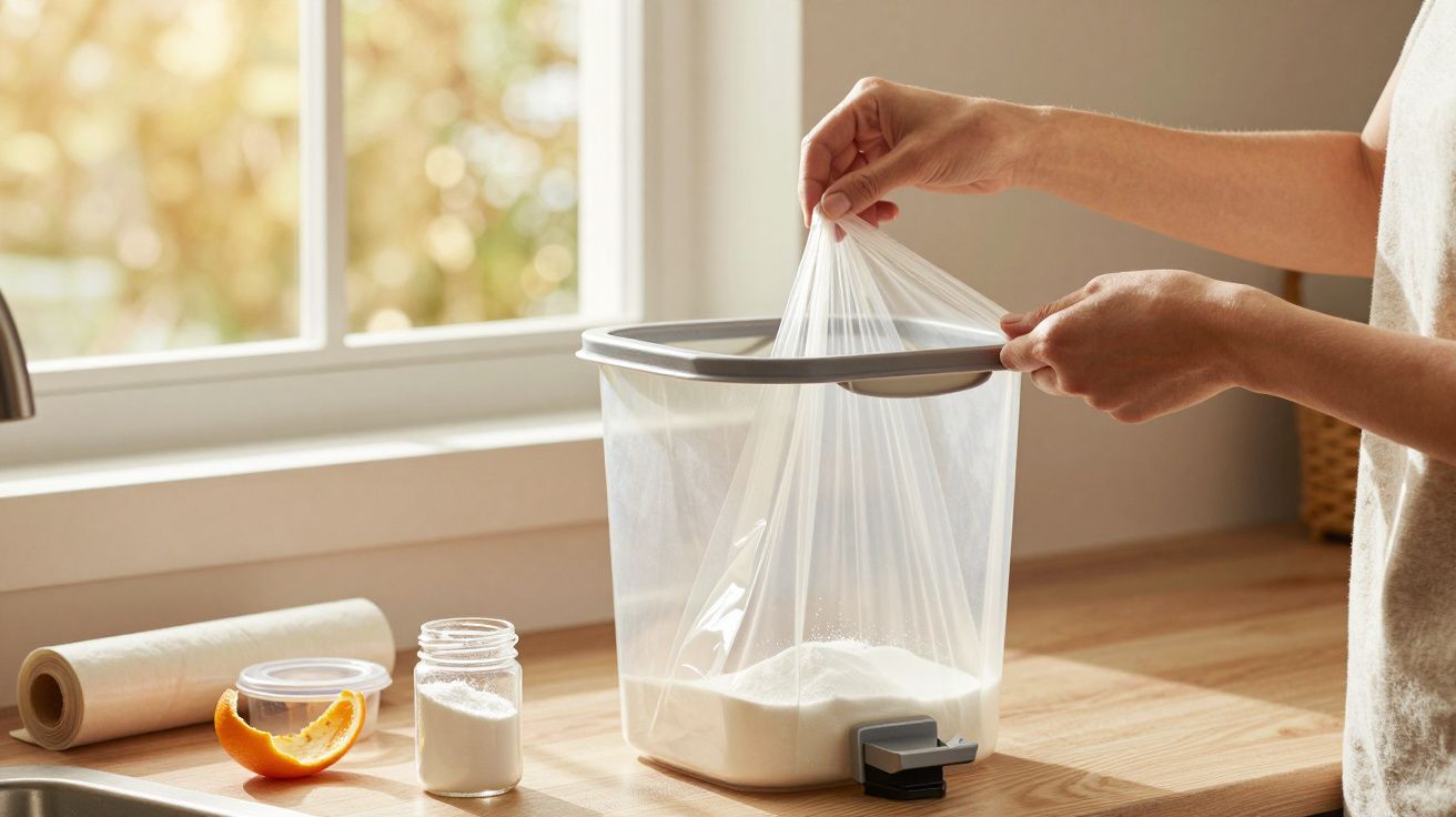 Person sealing a plastic bag in a container on a kitchen counter, with sunlight through the window.