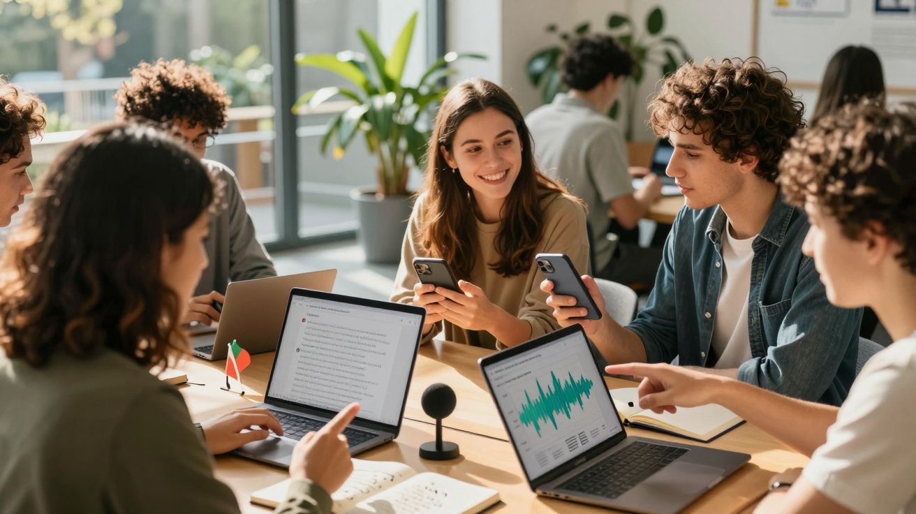 Group of young adults collaborating at a table with laptops and smartphones in a bright, modern office setting.