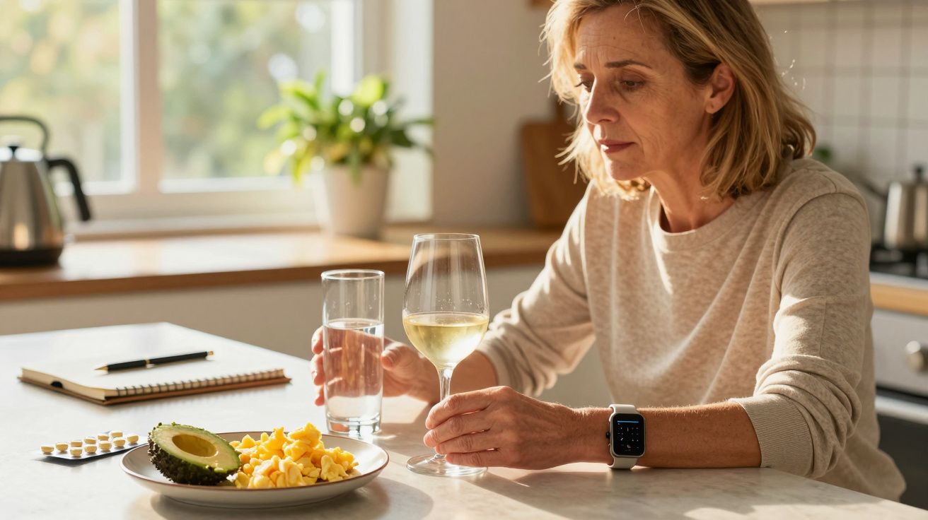 Woman at kitchen table with wine, water, avocado, and cheese.
