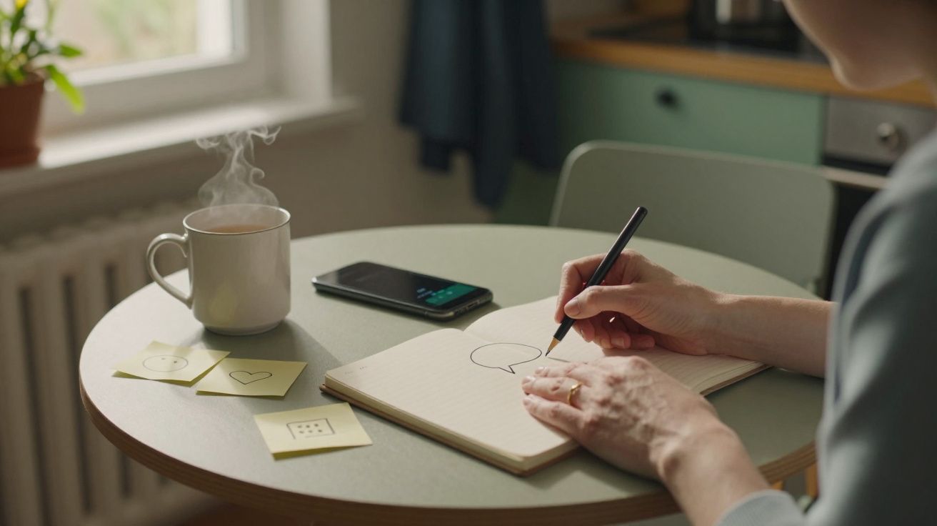 Person drawing in notebook at round table with coffee cup, mobile phone, and sticky notes near a window.