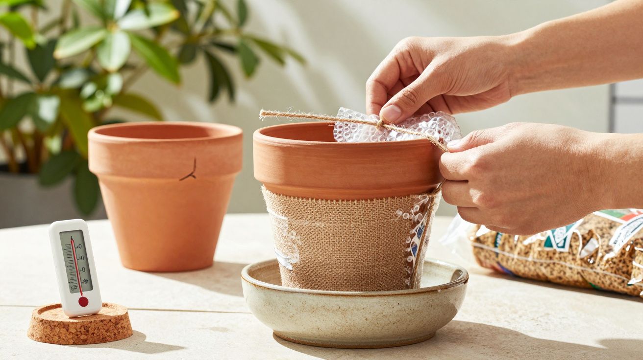 Hands wrapping a terracotta pot with bubble wrap, next to a thermometer and another pot, on a sunlit table.