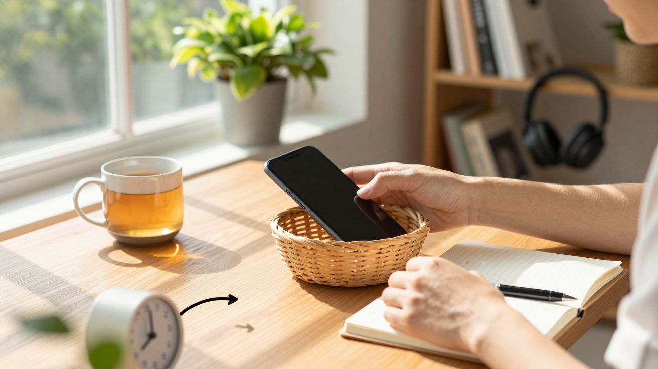 Person placing smartphone in a basket on a desk with a notebook, pen, cup of tea, clock, and plant nearby.