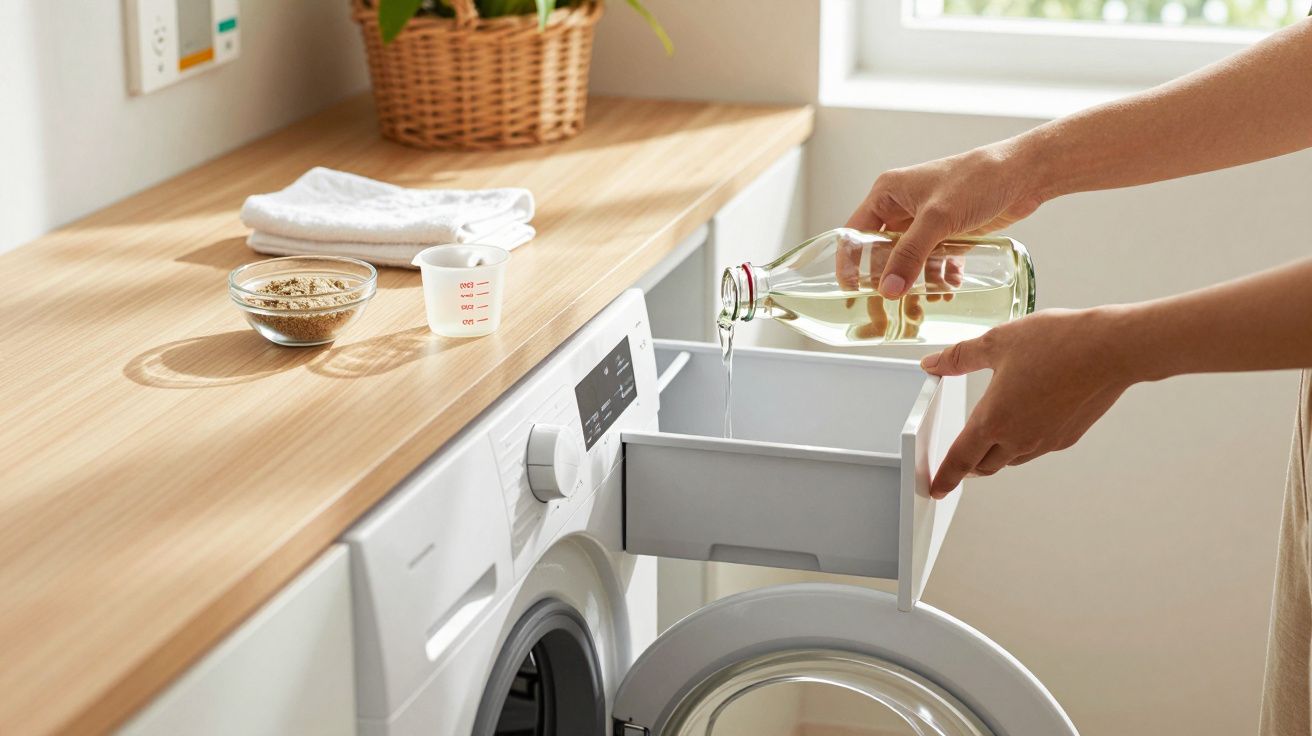 Person pouring liquid into open washing machine drawer in a bright laundry room.