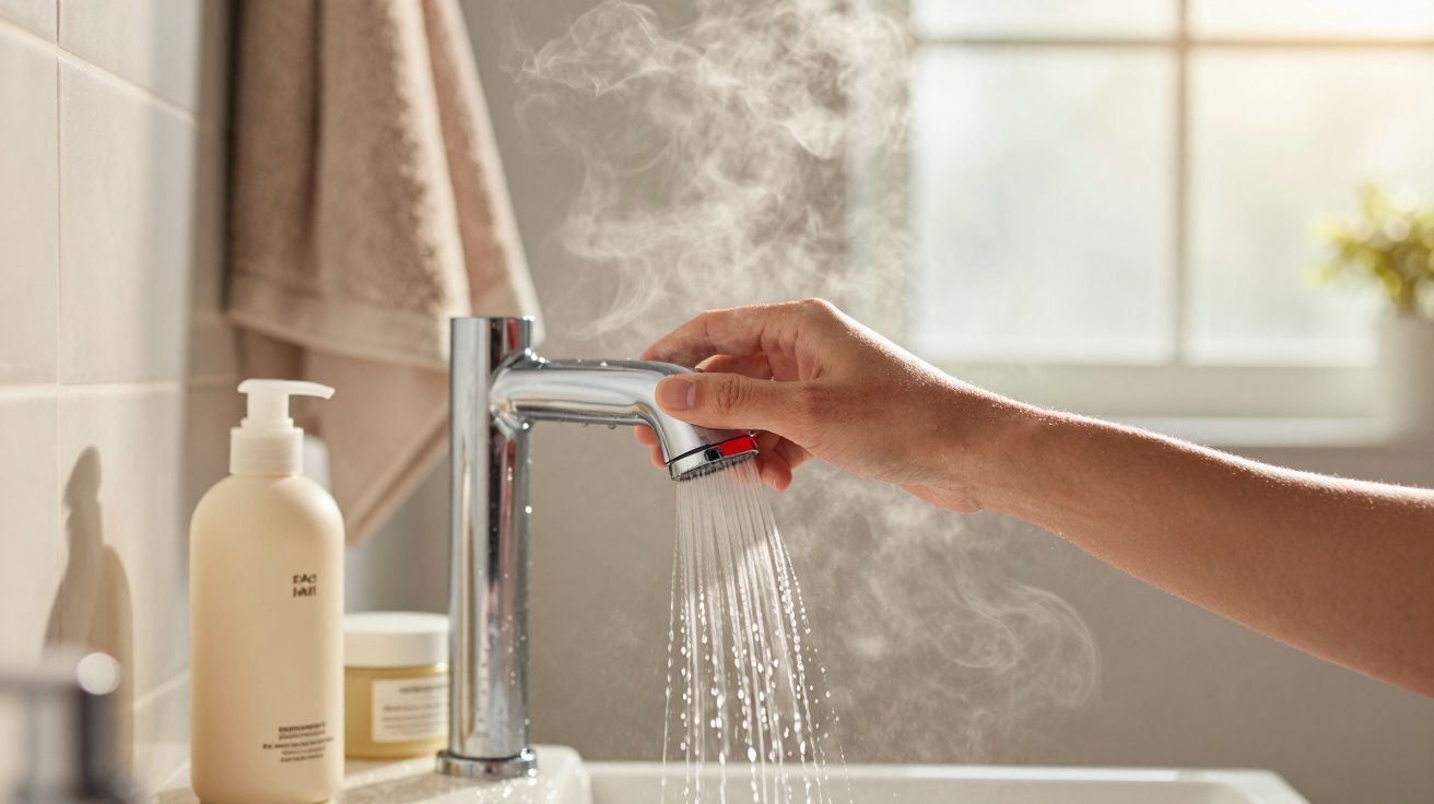 Hand adjusting hot water tap with steam rising, soap dispenser nearby, in a sunlit bathroom.