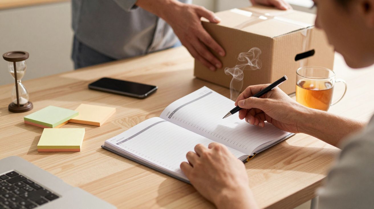 Person writing in a notebook on a desk with a laptop, phone, sticky notes, parcel, hourglass, and cup of tea.
