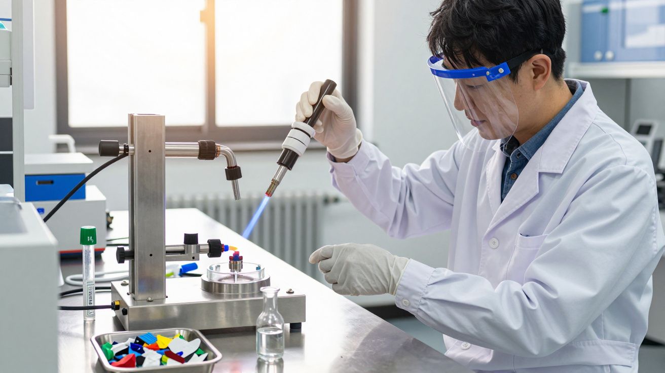 Scientist in a lab coat and face shield using a blowtorch on a metal device, surrounded by lab equipment.