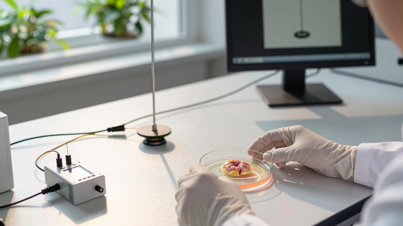 Scientist examines a petri dish sample on a laboratory table with electronic equipment and computer.