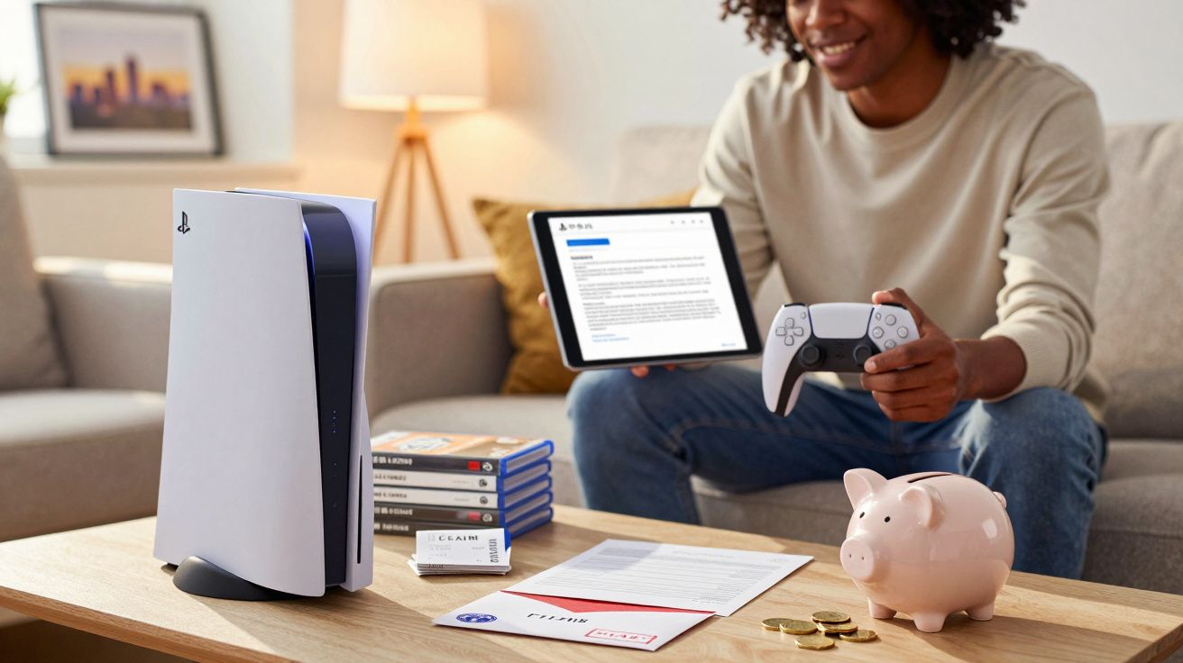 Person holding a controller with PlayStation, tablet, games, papers, and piggy bank on a table in a living room.