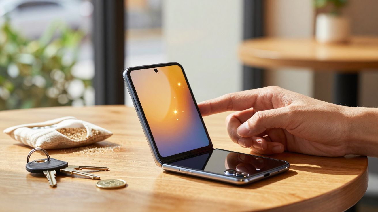 Hand touching a flipped-open smartphone on a wooden table with keys and a small cloth nearby.